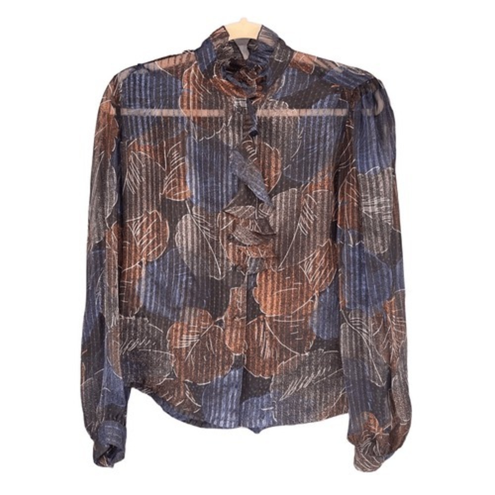 T6 1980s Vintage NICOLA Women's Sheer Leaf Print Ruffle Neck‎ Blouse